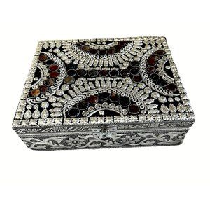 Mexican Beaded Metal Jewelry Box/ Trinket Box / Chest Lined Inside Mirror NEW